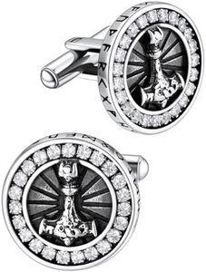 Viking Mjolnir Cufflinks for Men Vintage Norse Mythology Stainless Steel Accessories with White Cubic Zirconia Business Wedding Shirts