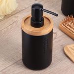 Sleek Matte Black Soap Dispenser with Natural Bamboo Detail - Polyresin Hand Pump, Elegant Bathroom Accessory