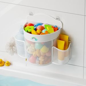 Austion Hanging Bath Toy Storage - Large Opening Quick Dry Mesh Bath Toy Holder with 2 Side Pockets and Bottom Zipper, Space-Saving Bath Toy Organizer for Kids Bathtubs - White