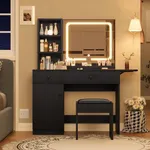 GarveeHome Makeup Vanity Desk with Mirror and Lights, Vanity Table Set with Drawer & Power Outlet ＆ Storage Chair & 3 Shelves, Bedroom, Black