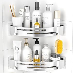 PNNP Mensola Doccia Angolare Senza Foratura 2 Pezzi, Portasapone doccia Adesiva Portaoggetti Doccia Acciaio Inox con 4 Ganci, Porta Oggetti da Bagno per Shampoo Sapone Bagnoschiuma (Argento)