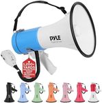 Pyle 50W Megaphone Bullhorn - Portable, Automatic Siren & Adjustable Volume,Projection Range Up to 1200 Square Yards, Aux Input, Talk, Siren, Music, Whistle, & Record, Shoulder Strap (White-Blue)