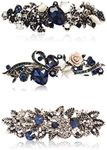 Kicosy Barrettes for Women 3 Pack Vintage Shining Rhinestone Hair Barrettes Metal Flower Butterfly French Clip Faux Crystal Hair clip Spring Hair Barrette,Black and Navy (Pattern-B(3PCS))