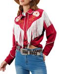 JOHN MOON Women's Floral Embroidered Fringe Western Shirts Rodeo Cowgirl Button Down Blouse Tops Country Style Outfits, Red, XL