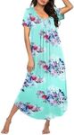 Ekouaer Summer Long Nightgowns for Women Cotton Blue Flower Printed Night Dress Short Sleeve Caasual Sleepwear Breathable Soft Sleep Dress Blue Flower M