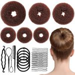 Hair Bun Maker Set - 6 PCS Ring Style Donuts (1 L, 2 M, 3 S), Shaper, 20 Pins, 5 Elastics, 4 Pony Tools for Women & Girls (Dark Brown)