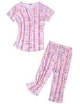 ENJOYNIGHT Women's Cotton Pajamas Set Short Sleeve Top with Capri Pants Sleepwear Set(Large,Pink Heart)