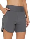 dpowien Women's 5" Quick Dry Swim Shorts High Waisted Beach Shorts Brief Liner UPF 50+ Boardshorts with Pockets, Dark Grey, X-Small