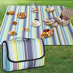 GUSUWU Picnic Blanket Waterproof Beach Rug 200×200cm Picnic Mat Washable Lightweight With Handle Blue Vertical Stripes Suitable for Hiking Travel Outdoor Camping, Park