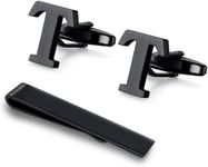 Honey Bear Initial Alphabet Letter Cufflinks Tie Clip Set for Mens - Black Stainless Steel, for Business Wedding Gift A - Z (T)