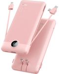 VRURC 10000mAh Portable Charger with Built-in Cables and AC Wall Plug Ultra Slim Power Bank USB C Phone Charger 5 Output 2 Input External Battery Pack LED Display Compatible with All mobilephone-Pink