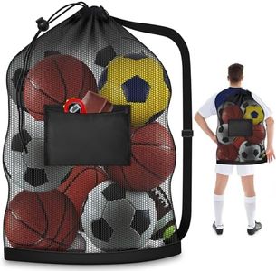 Extra Large Mesh Ball Bag, Heavy Duty Drawstring Storage Bag, 24" x 36" Hold 8-10 Soccer Basketball Volleyball Football, Sports Equipment Sack Net Bags with Shoulder Strap and Pocket for Coaches