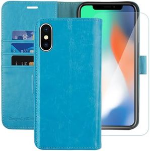 MONASAY Wallet Case Compatible for iPhone X/iPhone Xs, 5.8-inch, [Glass Screen Protector Included] [RFID Blocking] Flip Folio Leather Cell Phone Cover with Credit Card Holder,Light Blue