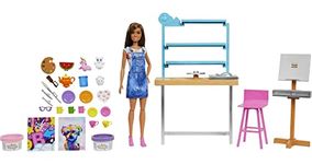 Barbie Relax and Create Art Studio, Barbie Doll (11.5 inches), 25+ Creation Accessories for Pottery Making & Painting, Dough, Vase Mold, Canvases & More, Great for Kids 3 to 7 Years Old