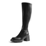 Cusolemore Women Platform Black Knee High Boots with Chunky Heel, Square Toe Fashion Tall Boots with Lug Sole and Side Zipper Size 8