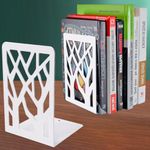 DARUITE Book Ends, Decorative Metal Bookends, Non-Skid Book Holder, Book Ends for Shelves, Book Organizer for Home, Office Desk, Kitchen (1 Pair, 6.9 x 3.5 x 4.7 in, White)