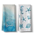 Hcaredee Beach Funny Kitchen Towels for Home Decor Starfish Seahorse Scallop Ocean Themed Summer Dish 16x24 Inch Seasonal Ultra Absorbent Bar Hand Towel Bathroom Farmhouse Set of 2-Blue