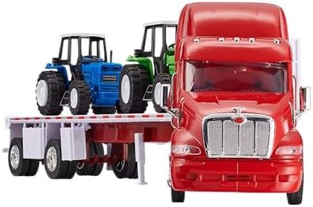 Wheel Master Diecast Model Toy Truck, Red Peterbilt 387 Flatbed Tractor Trailer with 2 Farm Tractors, Opening Doors, Interactive 1:32 Scale