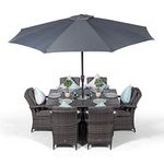 Arizona Rattan Dining Set | Luxury Rectangle 6 Seater Grey Rattan Table & Chairs Set with Ice Bucket Drinks Cooler | Outdoor Poly Rattan Garden Dining Furniture Set with Parasol & Cover