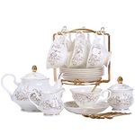 Daveinmic Tea Set 22 piece Porcelain Tea Set,Bone China Tea Sets for Adults,tea service for 6 with Teapot,Cups,Saucers,Sugar Bowl,Creamer Pitcher,White and Gold Tea Gift Sets for Home and Party