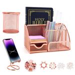 Rose Gold Desk Organizers and Accessories for Women Office,Rose Gold Pen Holder and Rose Gold Metal Mesh Desktop Organizers with Drawer for Office, Home, School，Gifts for Teachers Students