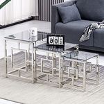 AINPECCA Nest of 3 Coffee Table Modern Sofa Side End Table Tempered glass with Stainless Steel Legs Nesting Tables for Living Room (Grey Glass Type 2)