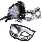 MYSEUNI 2024 New Silver Masquerade Mask with Feather for Couples -Venetian Masquerade Mask for Women & Men Mardi Gras Mask Carnivals Halloween Costume Mask