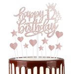 Happy 12th Birthday Cake Toppers, Rose Gold Cake Cupcake Toppers for Cake, Glitter Heart Stars Cake Toppers, Birthday Gift, Personalised Cake Toppers for Women Girls 12th Birthday Cake Decorations