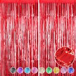 2Pcs Red Foil Fringe Curtain - HADEEONG 3.28ft x 6.56ft Metallic Tinsel Door Curtains Photo Booth Backdrop for Xmas Birthday Christmas Party Decorations