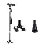 KCareU Walking Stick for Men Women Elderly Non-slip Adjustable Quad Cane Walking Sticks for Seniors Ultra-light 4 Prong Walking Cane with Light