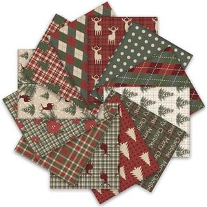 Whaline 12Pcs Christmas Cotton Fabric Material Bundles Woodland Poinsettia Reindeer Tree Printed Fat Quarters Plaid Xmas Sewing Fabrics for DIY Handmade Crafting, 18 x 22 Inch