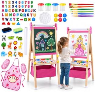 Art Easel for Kids - Adjustable Wooden Double-Sided Magnetic Whiteboard and Chalkboard with Paper Roll, 100+ Drawing Accessories - Foldable Painting Birthday Gifts for Boys Girls Ages 3-12, Pink
