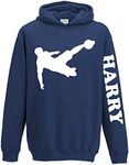 Custom Name Footballer Kids Hoodie, Personalised Text Gifts For Boys and Girls , Unique and Cool Birthday Christmas Footy Club Soccer Hoody, Hooded Footy Jumper Gift, Navy, 12-13 Years