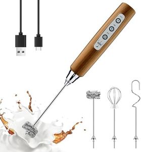 YUSWKO Wood Grain Handheld Milk Frother Wand for Coffee, Rechargeable Electric Whisk with 3 Heads 3 Speeds Drink Mixer Coffee Frother For Latte, Cappuccino, Hot Chocolate, Egg