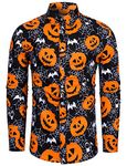 fohemr Mens Halloween Shirts Ugly Pumpkin Bat Print Long Sleeve Button Down Casual Jack-O-Lantern Costume Dress Shirt Ghost Theme Party Black Large