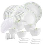 CELLO Tropical Lagoon Dazzle Series Opalware Dinner Set of 37 Pieces For Family of 6 | Bone-Ash Free & Leadfree Opal Glass, Microwave & Dishwasher Safe Plates & Bowls Crockery Set For Dining & Gifting
