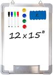 Whiteboard Set - Dry Erase Board 15 x 12" + 1 Magnetic Dry Eraser, 2 Dry-Erase Black Marker Pens and 2 Magnets - Small White Hanging Message Scoreboard for Home Office School (15x12" Portrait)