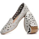 HEAWISH Women's Floral Ballet Flats for Women Black Beige Slip On Flowers PU Leather Round Toe Dress Shoes, Grey, 8