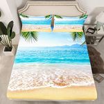 Erosebridal Summer Beach Fitted Sheet Queen Size,Hawaiian Ocean Bed Sheets Tropical Palm Tree Bedding Set Marine Sea Waves Bed Cover with 2 Pillow Shams,Breathable Microfiber Sheets