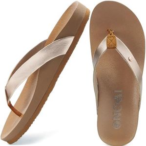 ONCAI Womens Flip Flops For Women Comfortable Leather Strap Yoga Mat Non-Slip Women's Thong Sandal Casual Summer Beach Slippers With Arch Support Rose Gold Size 12