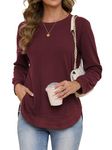 Women's Tops Long Sleeve Fleece-Lined Tshirts Sweatshirts for Women Crewneck Casual Pullover Loose fit Tunic Fluffy Shirts Wine Red