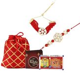 Kalakriti Rakhi for Brother and Bhabhi Combo Set with Rakshabandhan Greeting card and Roli Chawal with Potli bag, Red Bracelet