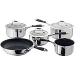 Stellar James Martin JMC1 Set of 5 Stainless Steel Pans, 20cm, 18cm, 16cm Saucepans with Lids, 14cm Milk Pan, 24cm Non-Stick Frying Pan, Induction Ready, Oven Safe, Dishwasher Safe