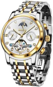 OLEVS Watch for Men Silver Automatic Watches for Men Tourbillon Big Moon Phase Two Tone Face Stainless Steel Mens Watches Luxury Waterproof Dress Gold Mechanical Watch Reloj para Hombre