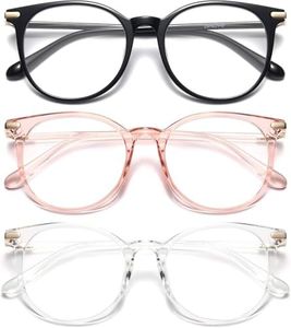 Gaoye 3 Pack Blue Light Blocking Glasses, Retro Round Eyewear Frame Anti Eyestrain Computer Glasses for Women Men - GY1688 (Black+Pink+Transparent)