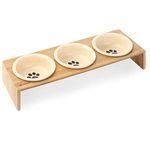 Navaris Ceramic Cat Bowls with Stand - Raised Food and Water Bowl Set for Cats on Elevated Wooden Riser - Eco-Friendly Cat and Paw Design - 3 Bowls