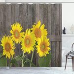 Ambesonne Sunflower Shower Curtain, Helianthus Sunflowers Against Weathered Aged Fence Summer Garden Photo, Cloth Fabric Bathroom Decor Set with Hooks, 69" W x 84" L, Brown Yellow Green