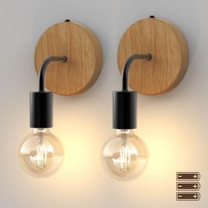 HYMELA N07 AA Battery Operated Lights Set of 2 Farmhouse Rustic Style Easy to Install Cordless Wall Light Fixtures Wooden Sconce for Living Room Hallway Kitchen Bedroom