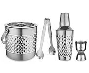 Steren Impex | Stainless Steel 4 Piece Diamond Design Bar Set for Drink/Gift, Double Wall - Ice Bucket with Tong, Peg Measurer & Cocktail Shaker
