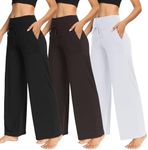 TNNZEET 3 Pack Women's Wide Leg Pants with Pockets - Casual Loose Yoga Trouser Pants Sweatpants Palazzo Lounge Pajama Pants